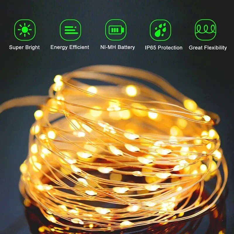 防水銅線LEDストリングライト,太陽光発電,屋外ランプ,庭, - Outdoor Lighting Led Fixtures のレビューと価格